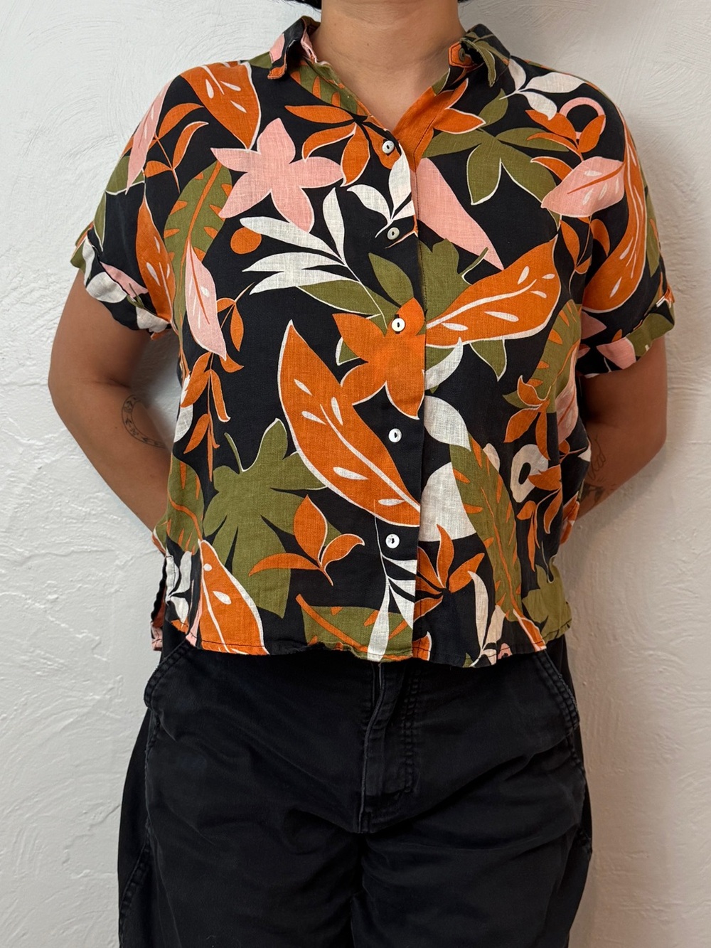 C&C California Black Tropical Button-Down Shirt with Orange, Pink & Olive
